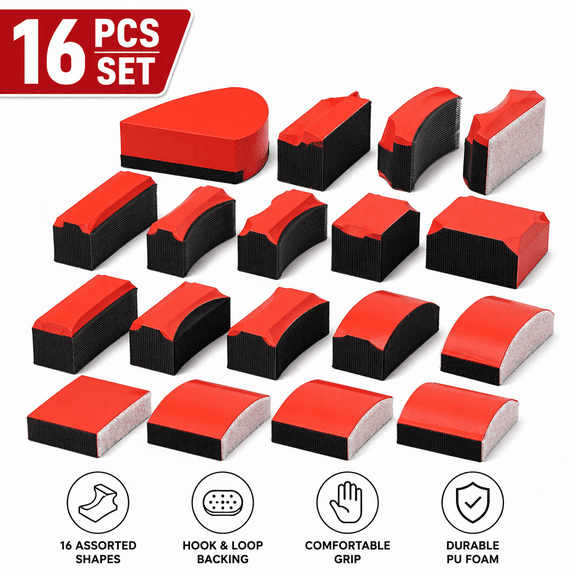Hand Sanding Block Set 16 Pcs Contoured Profile Sanding Pads Hook and Loop Foam Sanding Blocks for Wood Crafts, Red