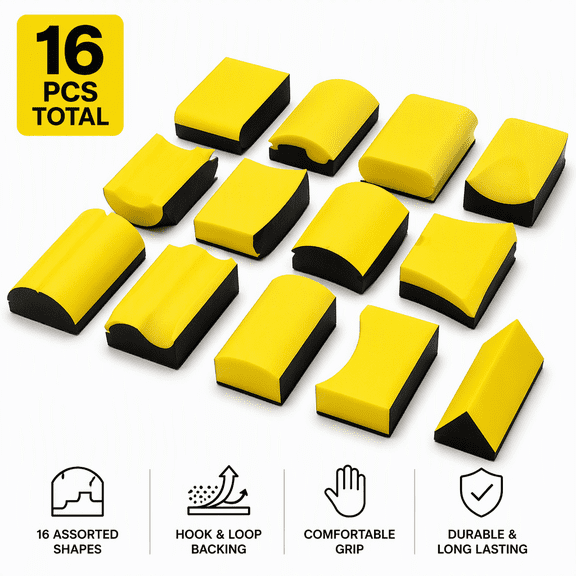Hand Sanding Block Set 16 Pcs Contoured Profile Sanding Pads Hook and Loop Foam Sanding Blocks for Wood Crafts, Yellow