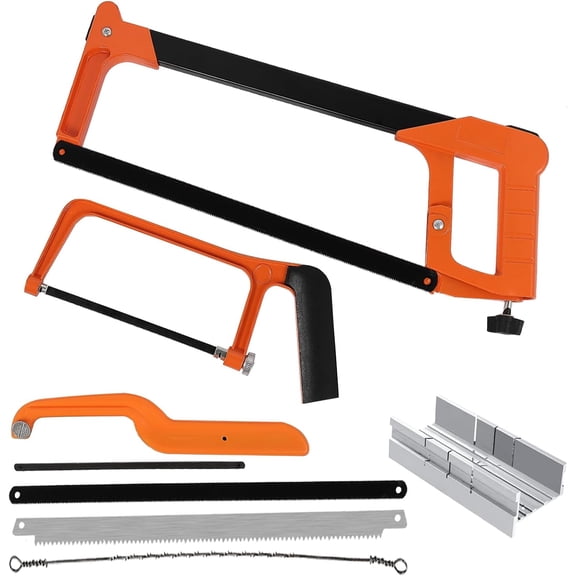 Hand Saw Set with 12 Inch Hacksaw Frame, 6 Inch Mini Hacksaw, Metal Miter Box & Extra Hacksaw Blades, Multifunctional Handsaw Kit for Woodworking, PVC, Metal, Plastic, DIY Home Improvement