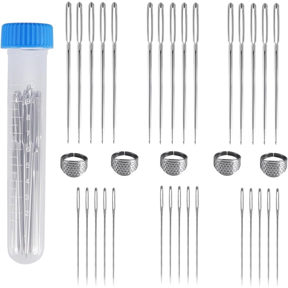 Hand Sewing Big Eye Needles Sewing Supplies,Sewing Needles,Leather Embroidery Thread Needle, (5 PCS Thimble+30 PCS 2 Sizes Sharps Needle)