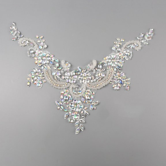 Hand Sewing Flower Pattern Rhinestone Costume Appliques V Shape Beading Appliques AB 350x360x6mm