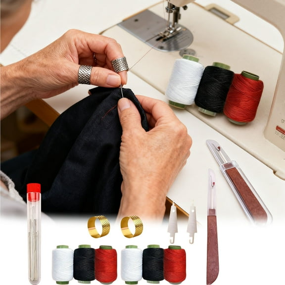 Hand Sewing Tools Kit for Quilting | 25 Durable Steel Needles Assorted Sizes | 3 Colored Thread Spools | 2 Ergonomic Thimbles | 2 Needle Threaders | Seam Tool | Portable Organizer Case