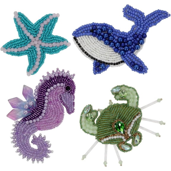 Hand-Sewn Beaded Fabric Patch Ocean Creature Applique Starfish Badges Seahorse Shark Patches Crab Emblem for Brooch Jewelry Decoration 1piece