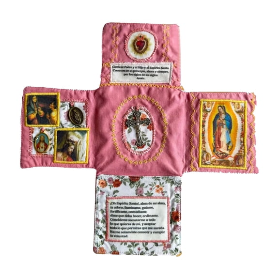 Hand Sewn Catholic Pocket Shrine - Silver Cross and Sacred Artwork, Portable Faith Altar - Handmade Devotional Jewel! (D)