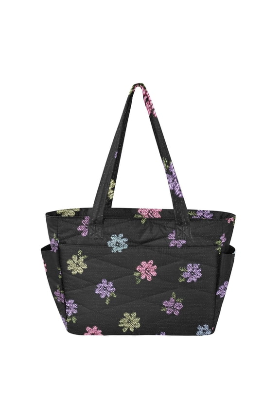 Hand Sewn Cute Small Flowers Women's Quilted Tote HandBag Beach Bag Shoulder Bag with Luggage Strap 18L for Commute Gym Travel