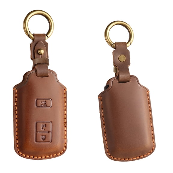 Hand‑Sewn Leather Key Fob Cover, Toyota 3‑Button Smart Key Case, Compatible with 4Runner, Tundra, Tacoma, Genuine Cowhide, Signal‑Friendly, Anti‑Scratch Protection (Brown)