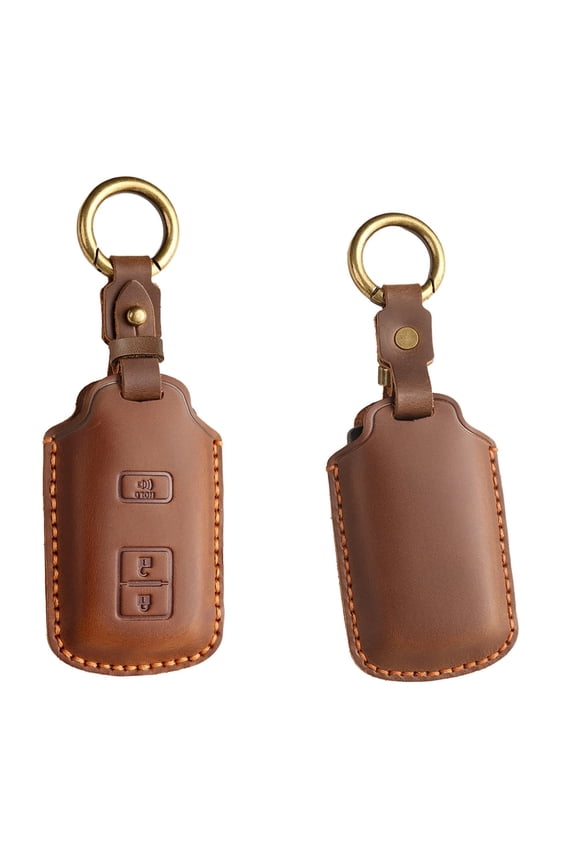 Hand‑Sewn Leather Key Fob Cover, Toyota 3‑Button Smart Key Case, Compatible with 4Runner, Tundra, Tacoma, Genuine Cowhide, Signal‑Friendly, Anti‑Scratch Protection (Brown)