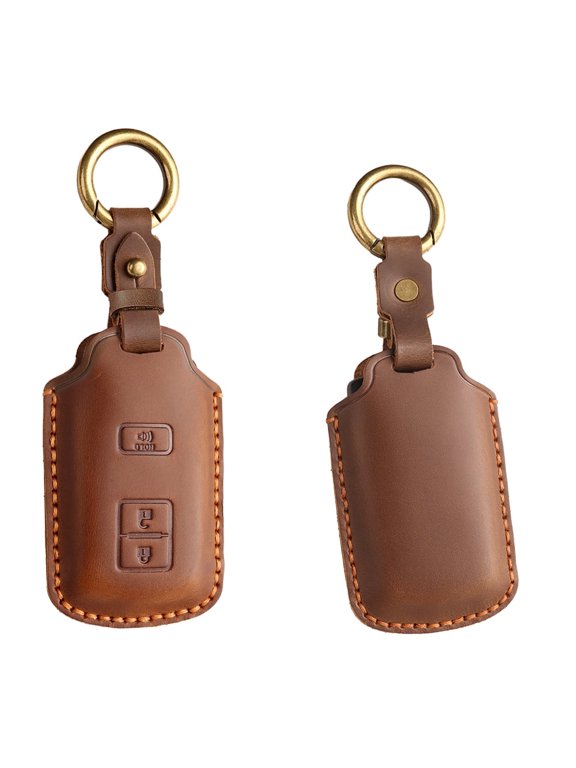 Hand‑Sewn Leather Key Fob Cover, Toyota 3‑Button Smart Key Case, Compatible with 4Runner, Tundra, Tacoma, Genuine Cowhide, Signal‑Friendly, Anti‑Scratch Protection (Brown)