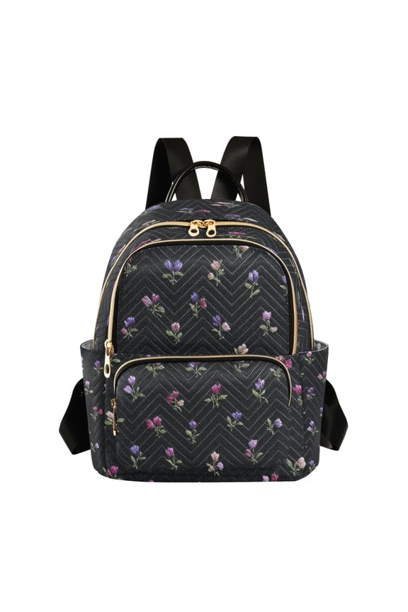 Hand Sewn Small Colorful Flowers Quilted Backpack Fashion Daypack Commuter Bag for Women 8.5 L