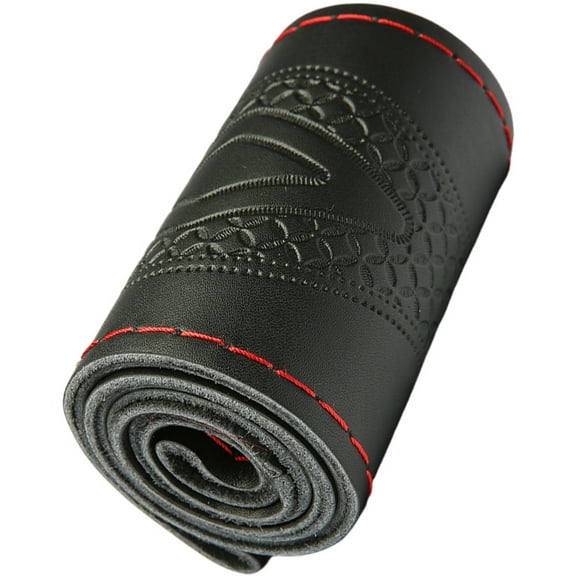 Hand Sewn Steering Wheel Wrap Sewing Steering Wheel Cover Embossed Pattern Leather Stitch Steering Wheel Protector Wrap for 38CM Steering Wheels Refreshed Car Interior Accessories Black-Red