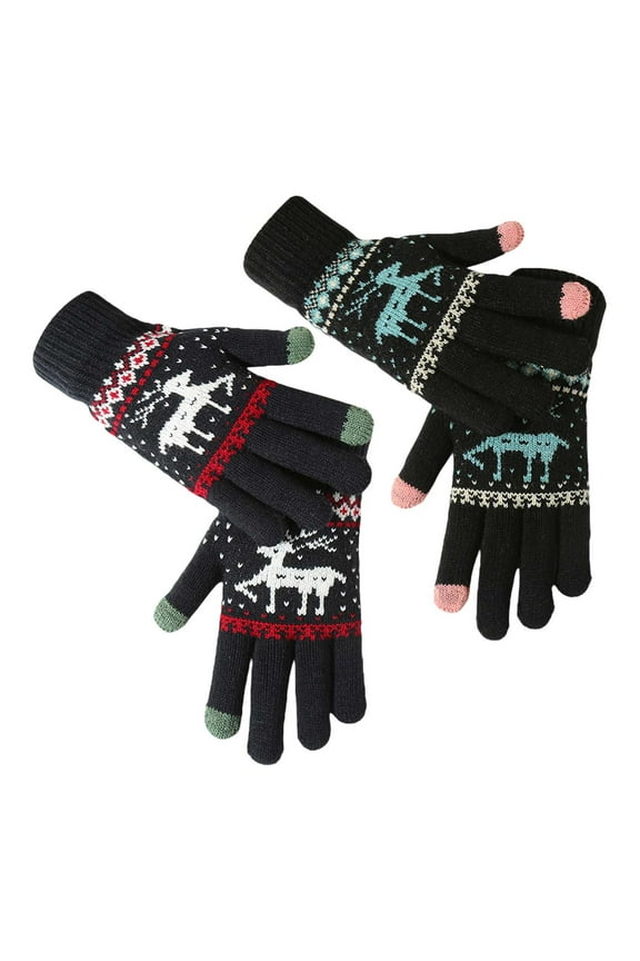 (Hand Shot) 2 Pairs of Warm Gloves (Black + Blue), 2 Pairs Winter Screen Gloves Deer Cozy Warm Knitted Christmas Stocking Stuffers for Women Men(2 Pairs of Gloves)
