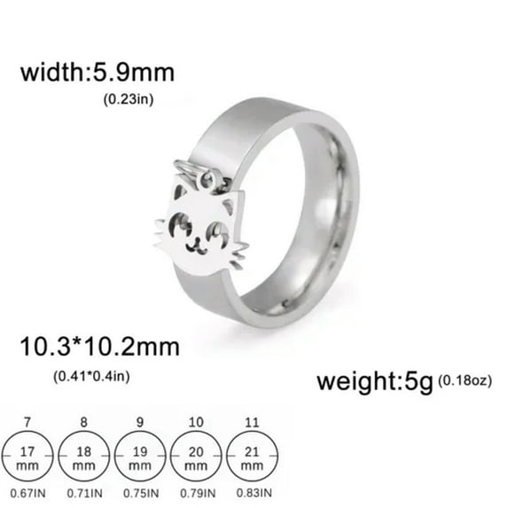 Stainless Steel Smiling Cat Rings Tiny Pendant Dangle Ring Cute Animal Jewelry