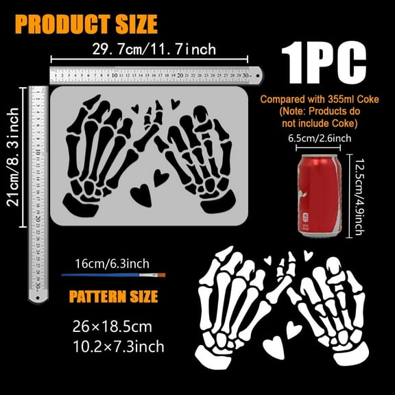 Hand Skeleton Latch Painting Stencil with 1Pc Plastic Paint Brush 8.3x11.7 inch Skeleton Hand Pull-Hook Drawing Template Skull Hand Decor Stencil for Painting on Wood Wall Furniture