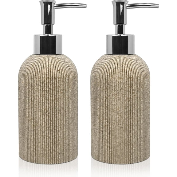 Hand Soap Dispenser for Bathroom and Kitchen Countertop, 10 oz Resin Lotion Dispensers Set with Plastic Rust Proof Pump, Boho Refillable Liquid Dish Bottle,Beige