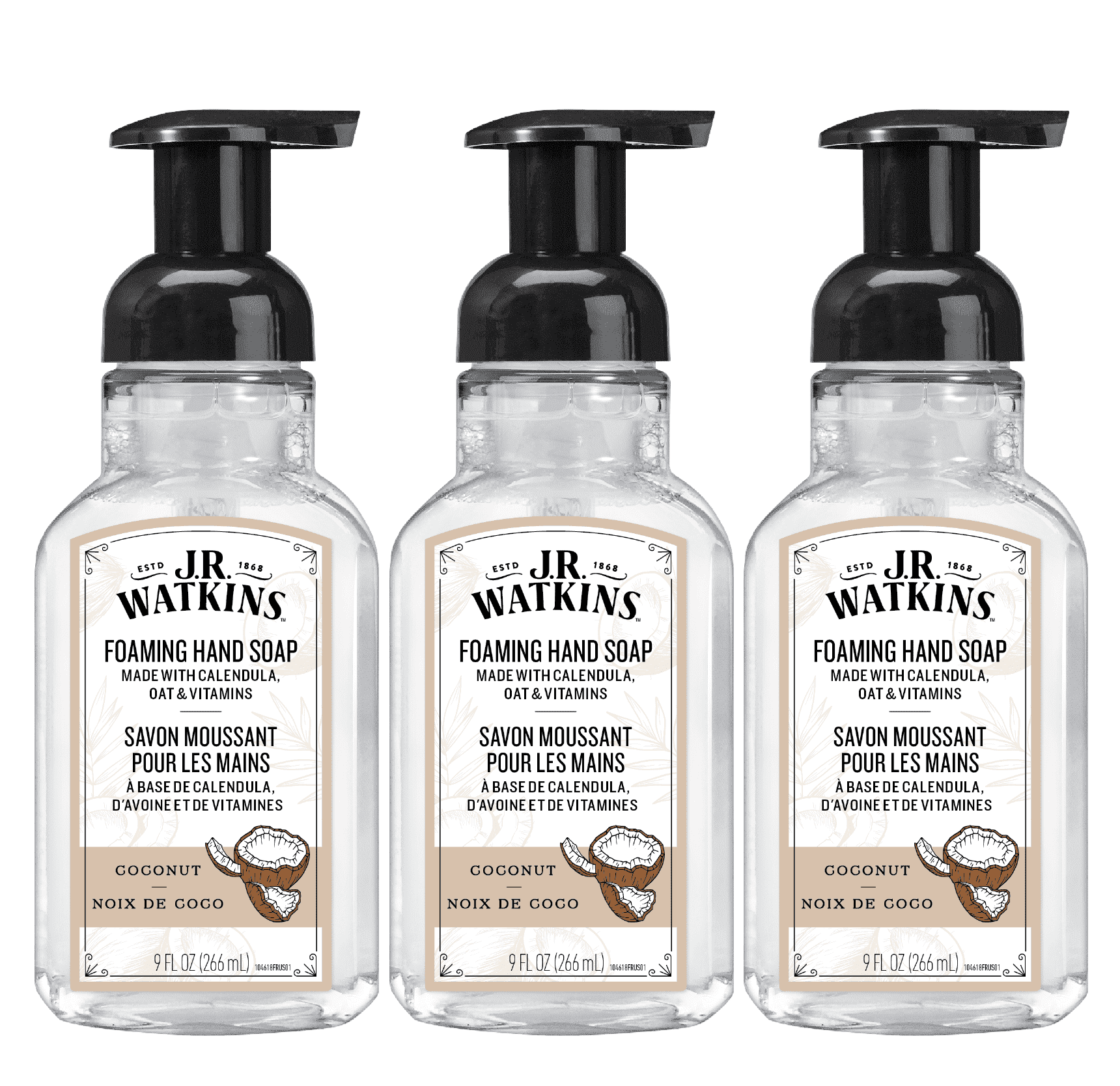 J.R. Watkins Foaming Hand Soap, Coconut Scent, 3 Pack, 9 fl oz