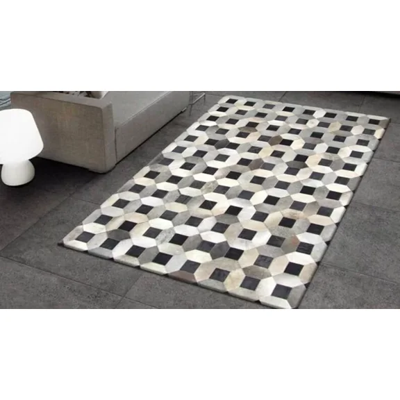 Hand Stitched Black Box Leather Patchwork Area Rug Back Support
