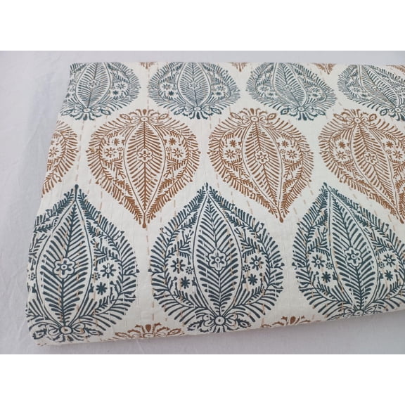 Hand-Stitched Kantha Quilt Bedcover: Floral Block Print Cotton