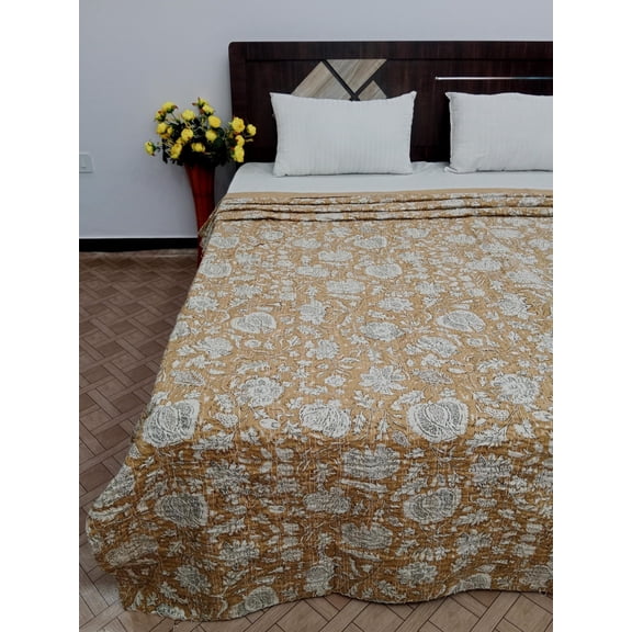 Hand-Stitched Kantha Quilt: Floral Block Print Cotton Bedding
