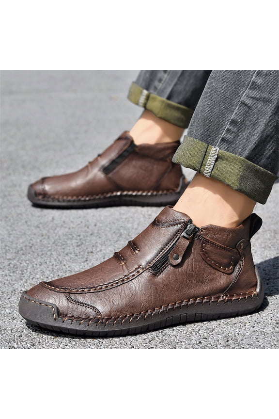 Hand-Stitched Leather Loafers, Women's Hand-Stitched Ankle Chukka Boots Side Zipper Orthopedic Leather Handmade Casual High Top Loafers Comfort Slip-On Outdoor Flat Walking Driving Shoes, Brown 6