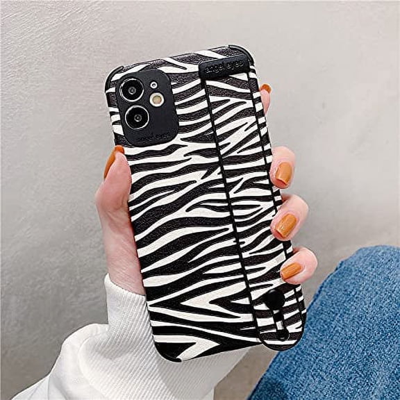 Hand Strap Holder Case for 6.1" iPhone 12 with Kickstand, Wrist Band Strap Soft Pattern Shockproof Cover, Adjustable Handle Grip Loop for iPhone 12 6.1-inch, Zebra
