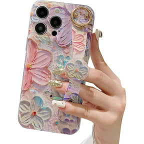 Hand Strap Holder Case for 6.1" iPhone 13 PRO with Kickstand, Wrist Strap Band Soft Pattern Shockproof Cover, Adjustable Handle Grip Loop for iPhone 13 Pro 6.1 Inch, Floral Pink