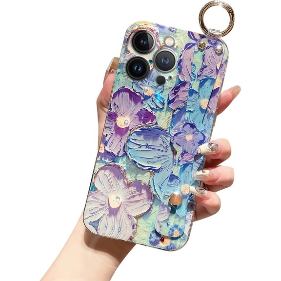 Hand Strap Holder Case for 6.3" iPhone 16 Pro with Kickstand - Wrist Strap Band Soft Pattern Shockproof Cover, Adjustable Handle Grip Loop for iPhone 16 PRO 6.3 Inch, Floral Daisy