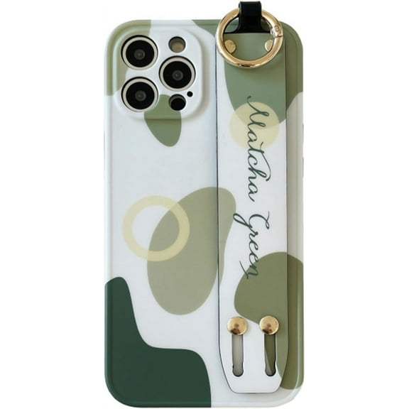 Hand Strap Holder Case for 6.7" iPhone 13 Pro MAX with Kickstand, Wrist Strap Band Soft Aesthetic Design Cover, Adjustable Handle Grip Loop for iPhone 13 Pro Max 6.7 Inch, Green Geometric