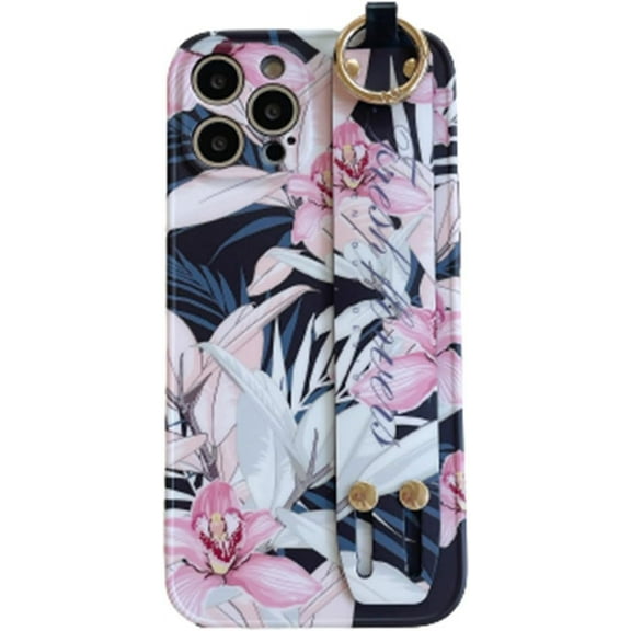 Hand Strap Holder Case for 6.7" iPhone 13 Pro MAX with Kickstand, Wrist Strap Band Soft Aesthetic Design Cover, Adjustable Handle Grip Loop for iPhone 13 Pro Max 6.7 Inch, Floral Black