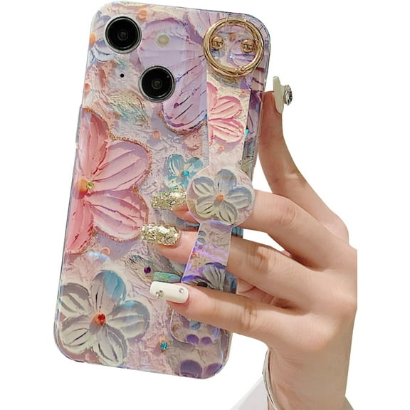 Hand Strap Holder Case for 6.7" iPhone 14 Plus with Kickstand - Wrist Strap Band Soft Pattern Shockproof Cover, Adjustable Handle Grip Loop for iPhone 14 Plus 6.7 Inch, Floral Pink