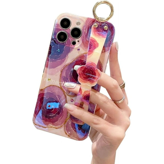 Hand Strap Holder Case for 6.7" iPhone 14 Pro Max with Kickstand - Wrist Strap Band Soft Design Shockproof Cover, Adjustable Handle Grip Loop for iPhone 14 Pro Max 6.7 Inch, Vintage Rose