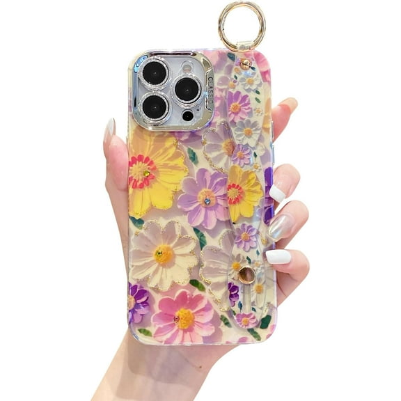 Hand Strap Holder Case for 6.7" iPhone 15 Pro Max with Kickstand - Wrist Strap Band Soft Design Shockproof Cover, Adjustable Handle Grip Loop for iPhone 15 Pro Max 6.7 Inch, Blossom Daisy