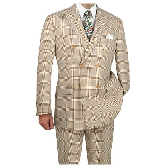 Hand Tailored 2pc Men's Glen Plaid Pattern Suit, Blazer & Pants w/1 Pair of Socks - Beige 38S