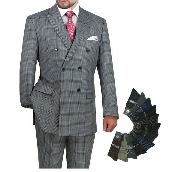 Hand Tailored 2pc Men's Glen Plaid Pattern Suit, Blazer & Pants w/1 Pair of Socks - Charcoal Gray 48R