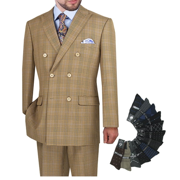Hand Tailored 2pc Men's Glen Plaid Pattern Suit, Blazer & Pants w/1 Pair of Socks - Mocha 46R