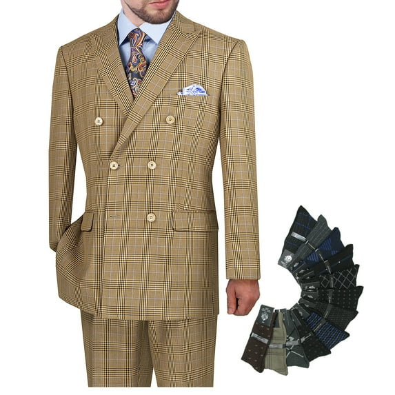 Hand Tailored 2pc Men's Glen Plaid Pattern Suit, Blazer & Pants w/1 Pair of Socks - Mocha 50L