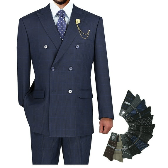 Hand Tailored 2pc Men's Glen Plaid Pattern Suit, Blazer & Pants w/1 Pair of Socks - Navy 42R