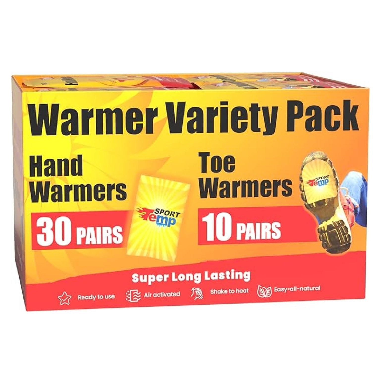 Hand & Toe Warmers - Variety Pack, 30 Pairs Hand Warmers, 10 Pairs Toe Warmers With Adhesive - Safe, Easy, All Natural - Air Activated, Body, Hands & Toes -Odorless Hot Hand & Toe Warmer -