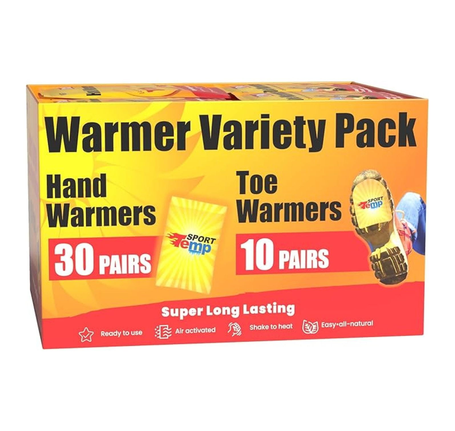 Hand & Toe Warmers - Variety Pack, 30 Pairs Hand Warmers, 10 Pairs Toe Warmers With Adhesive - Safe, Easy, All Natural - Air Activated, Body, Hands & Toes -Odorless Hot Hand & Toe Warmer -