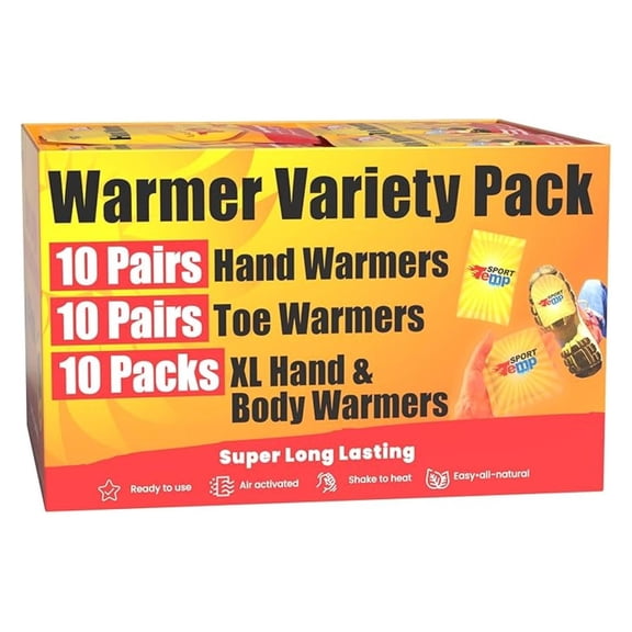 Hand, Toe, & XL Body and Hand Warmers - Variety Pack, 10 Pairs Hand Warmers, 10 Pairs Toe Warmers with Adhesive, 10 XL Hand & Body Warmers - Air Activated - Odorless Hot Hand -
