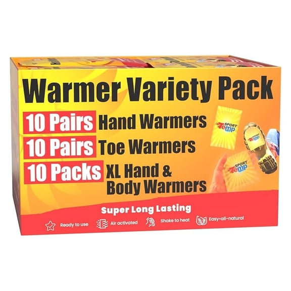 Hand, Toe, & XL Body and Hand Warmers - Variety Pack, 10 Pairs Hand Warmers, 10 Pairs Toe Warmers with Adhesive, 10 XL Hand & Body Warmers - Air Activated - Odorless Hot Hand -
