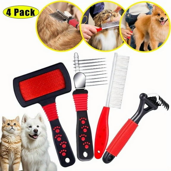 [Hand Tools Kits] Pack of 4 Pet Grooming Kit,Including Dematting Combs,Slicker Brush,and Steel Comb for Removing Knots and Hair from Dogs,Cats,and Poodles