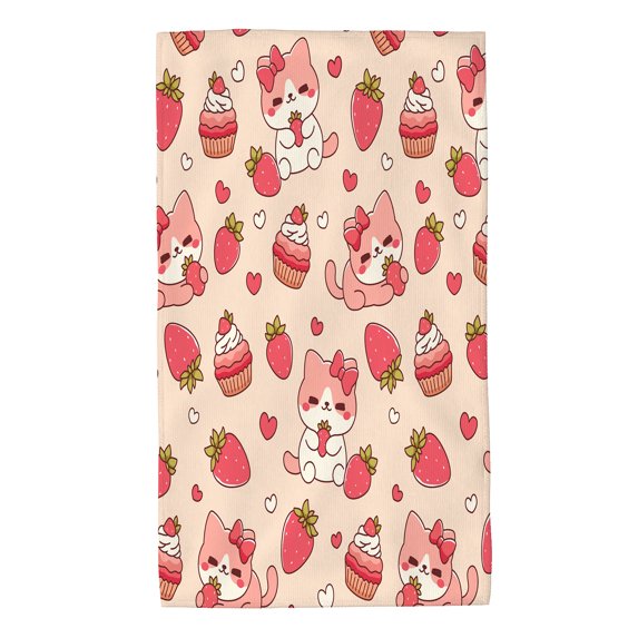 Hand Towel Cute Strawberry Cupcake And Cat for Bathroom Kitchen Absorbent Soft Home Face Bath Towels 27.5 X 16 Inches