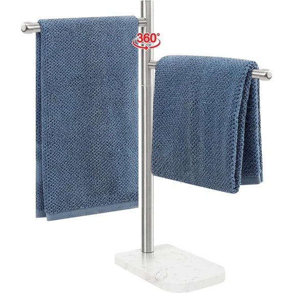 Hand Towel Holder, F-Shape Stand with Marble Base, Stainless Steel Swivel Rack Standing Bar for Bathroom Kitchen Countertop, 2 Arms (Brushed Nickel)