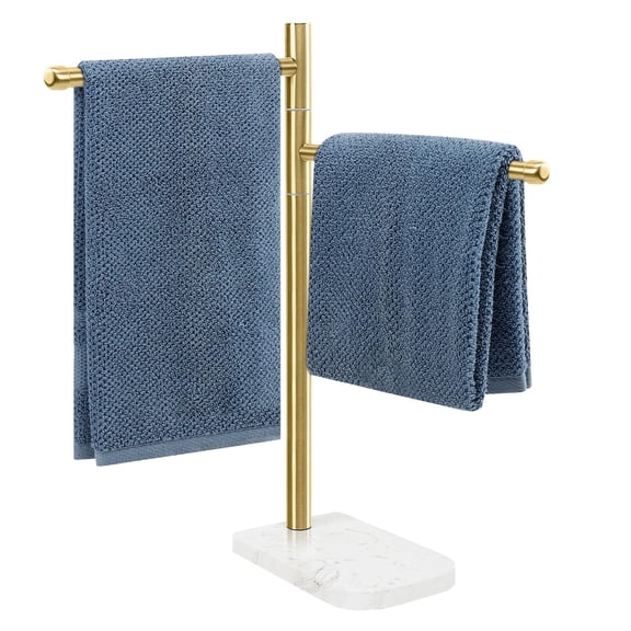 Gold 2 Arms F-Shape Stainless Steel Swivel Towel Holder with Marble Base for Bathroom Kitchen Countertop