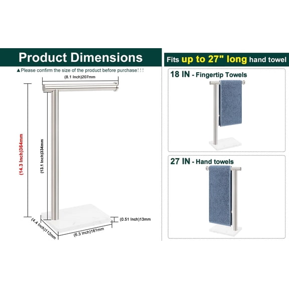 Hand Towel Holder, Hand Towel Stand for Bathroom with Marble Base, 304 Stainless Steel L Shape Hand Towel Rack Bar Standing for Vanity Kitchen Countertop, Brushed Nickel