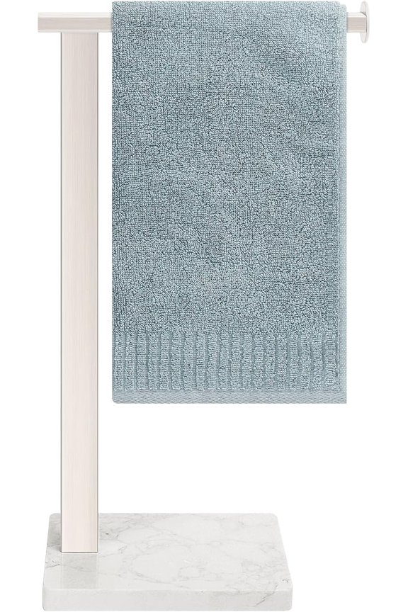 Hand Towel Holder Stand, 14.5" Hand Towel Rack with Weighted Marble Base, 304 Stainless Steel L-Shape Standing Towel Bar for Vanity Bathroom Kitchen Countertop (Brushed Nickel)