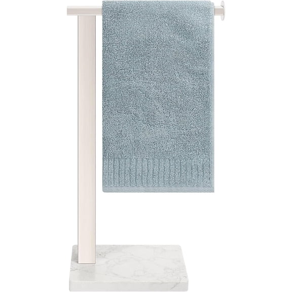Hand Towel Holder Stand, 14.5" Rack with Weighted Marble Base, 304 Stainless Steel L-Shape Standing Bar for Vanity Bathroom Kitchen Countertop (Brushed Nickel)
