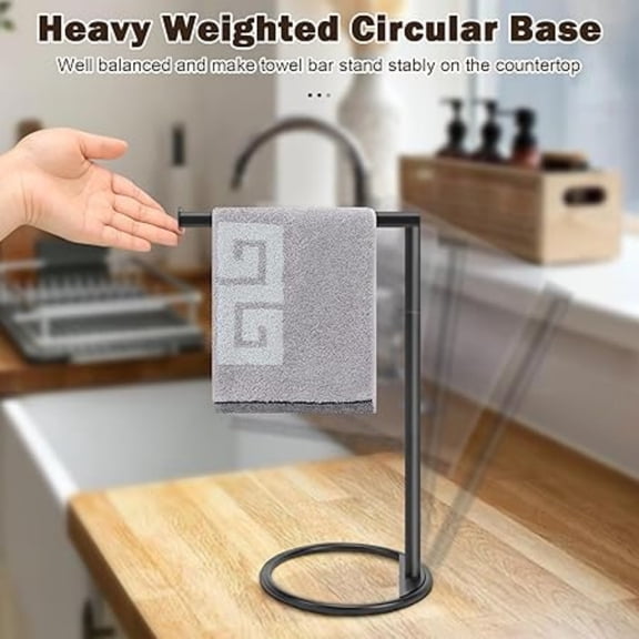 Hand Towel Holder Stand, Thicken Metal L Shape Hand Towel Rack, Small Towel Ring, Stable Standing Towel Bar for Bathroom Kitchen Vanity Countertop, 8 L 14 H (Matte Black, 1 Pack)