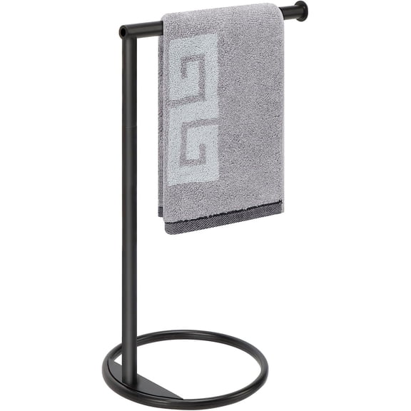 Hand Towel Holder Stand, Thicken Metal L Shape Hand Towel Rack, Small Towel Ring, Stable Standing Towel Bar for Bathroom Kitchen Vanity Countertop, 8 L 14 H (Matte Black, 1 Pack)