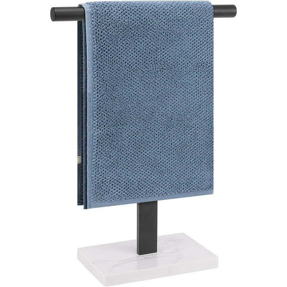 Stainless Steel Hand Towel Holder T-Shape, Marble Base Black Towel Rack Stand for Bathroom Vanity Kitchen Countertop, 304 Steel Free Standing